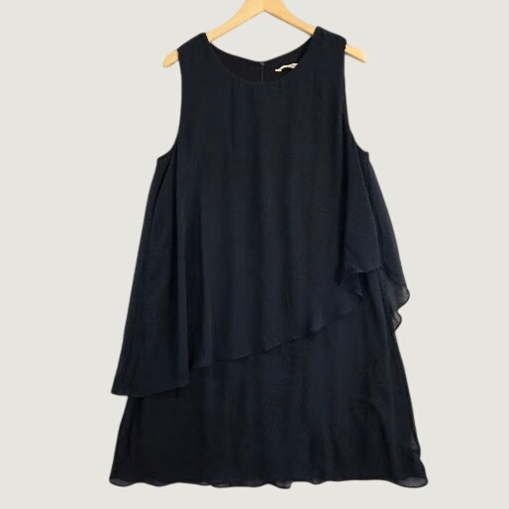 Soft Surroundings Ocean Drive Dress Large Navy Blue Tiered Chiffon Layered Midi
